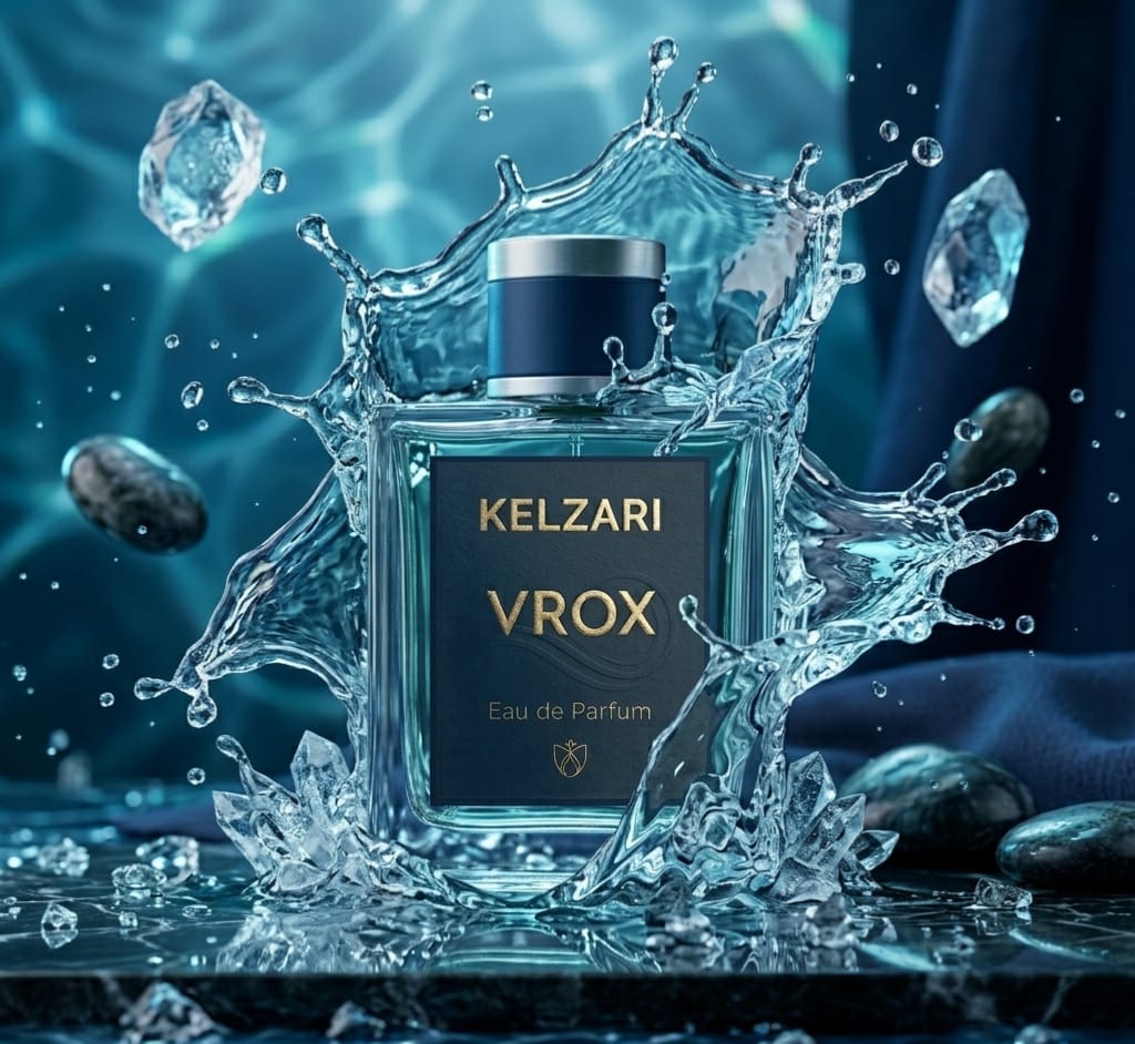 KELZARI VROX perfume bottle surrounded by water splashes and ice cubes on a dark background